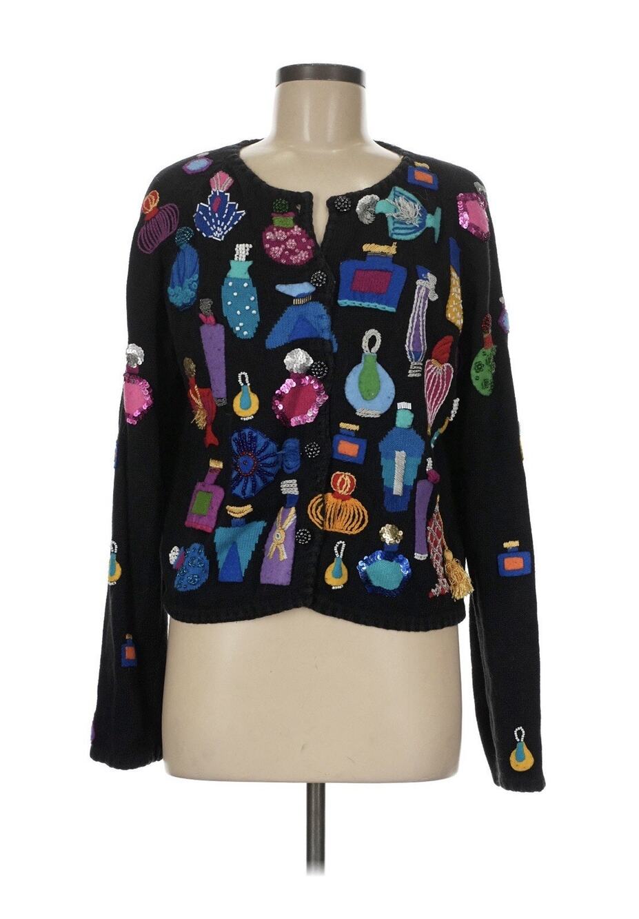 VTG Michael Simon Perfume Bottle Funky Art-to-Wear Floral Cardigan Sweater M